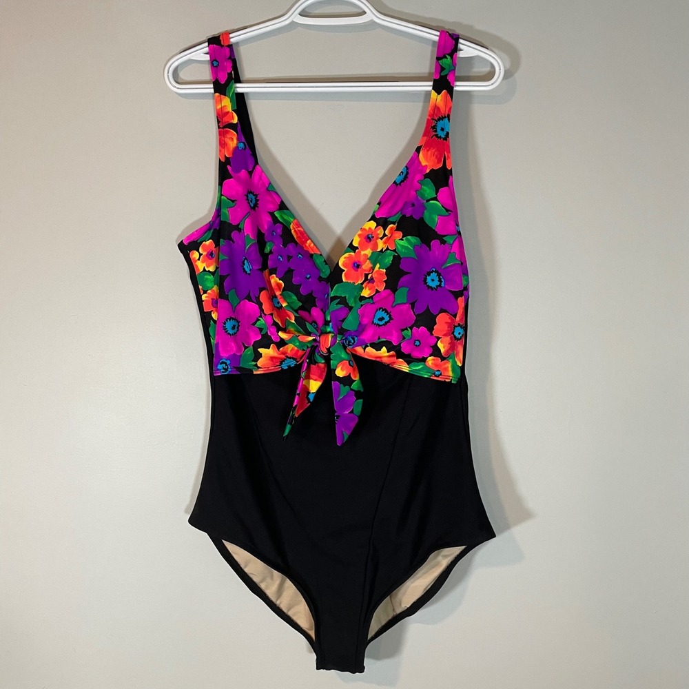 VTG Carol Wior Slimsuit Floral Tie Front One Piece Swimsuit Black 18 New